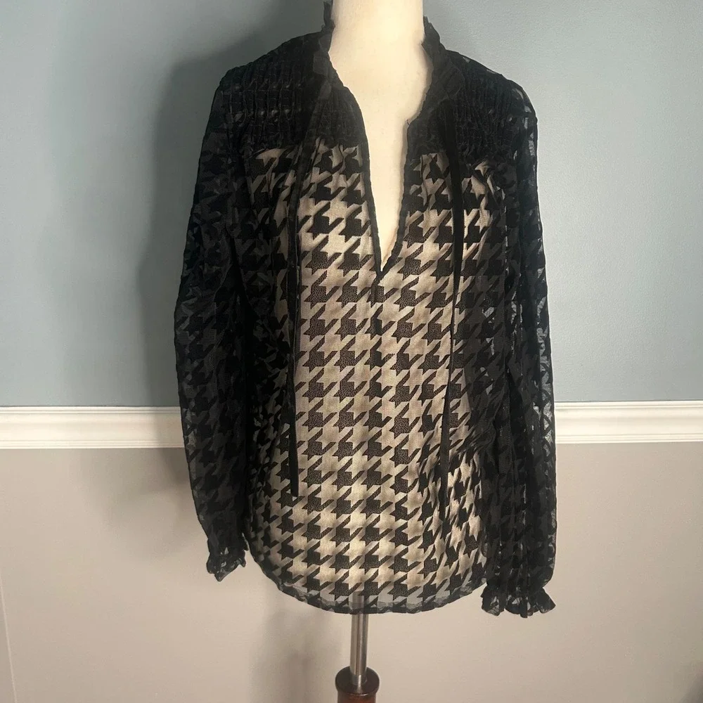 Zara Houndstooth Blouse Sheer Long Sleeve Top Black Semi-Formal‎ Medium